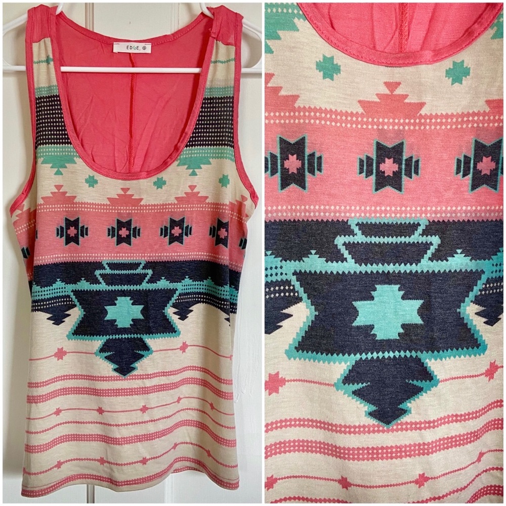 Edge Native Print Tank Top Women Small Pink Aqua